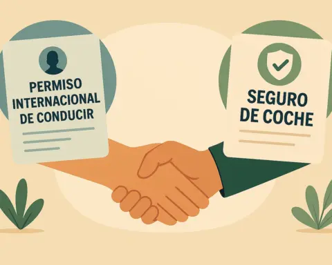 Dos manos se dan la mano; una sostiene un documento con el título ‘PERMISO INTERNACIONAL DE CONDUCIR’ y la otra un papel que dice ‘SEGURO DE COCHE’.