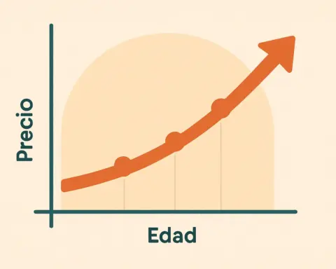 Gráfico de línea con eje horizontal ‘Edad’ y vertical ‘Precio’ que muestra una curva ascendente, indicando que el coste del seguro de coche internacional aumenta conforme crece la edad.