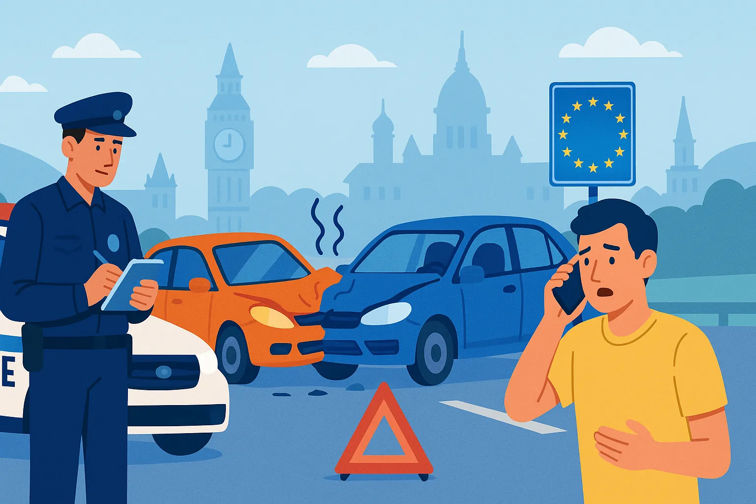 Ilustración de accidente de tráfico con policía, conductor y coches dañados en carretera europea.