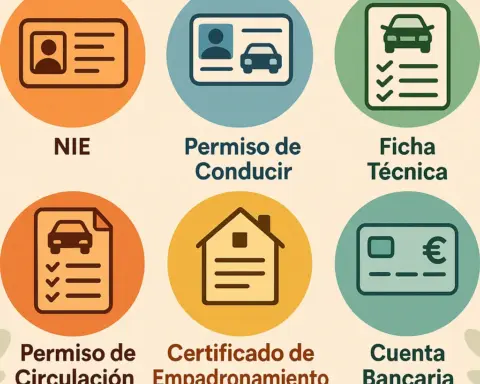 Seis iconos circulares que representan: NIE, permiso de conducir, ficha técnica, permiso de circulación, certificado de empadronamiento y cuenta bancaria.