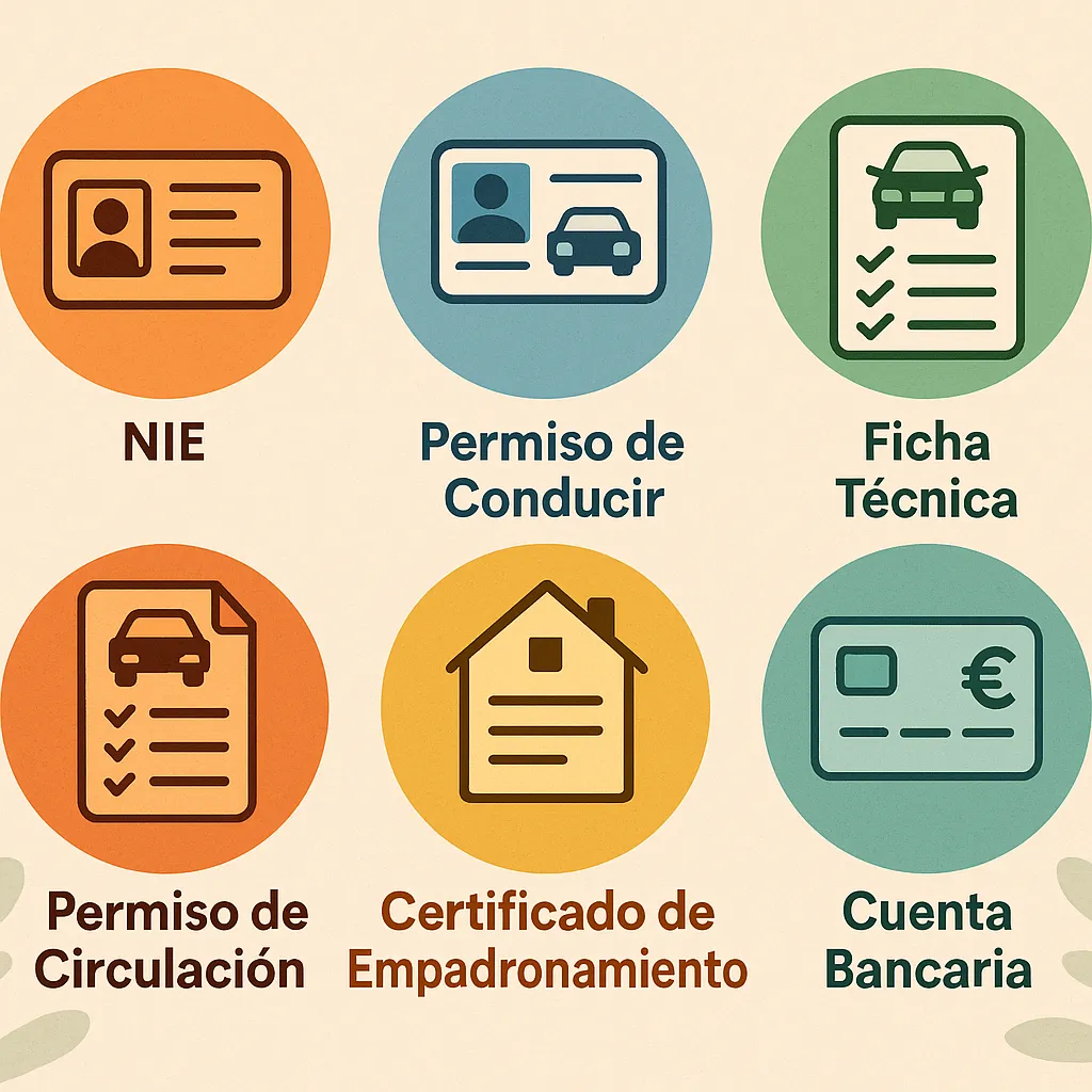 Seis iconos circulares que representan: NIE, permiso de conducir, ficha técnica, permiso de circulación, certificado de empadronamiento y cuenta bancaria.