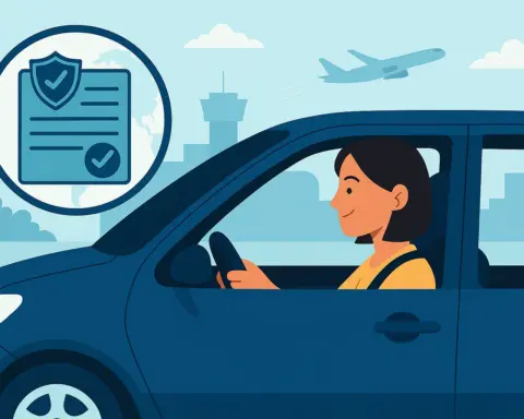 Estudiante conduciendo en el extranjero con seguro internacional ilustrado.