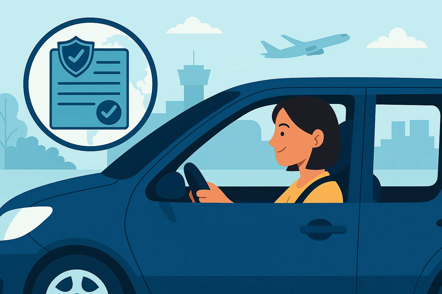 Estudiante conduciendo en el extranjero con seguro internacional ilustrado.