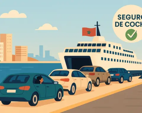 Coches haciendo cola para subir a un ferry con bandera de Marruecos.
