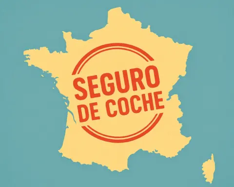 Silueta del mapa de Francia en amarillo con un sello rojo que dice ‘SEGURO DE COCHE’.