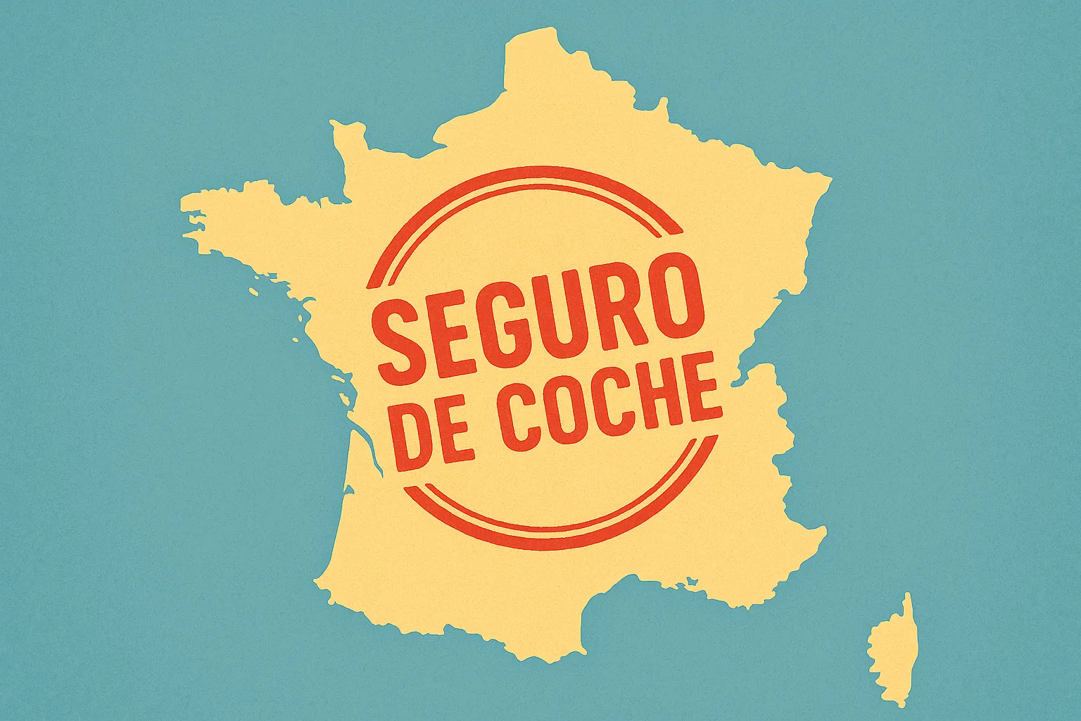 Silueta del mapa de Francia en amarillo con un sello rojo que dice ‘SEGURO DE COCHE’.