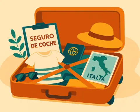 Maleta de viaje abierta que contiene un portapapeles con el texto ‘SEGURO DE COCHE’, un pasaporte, ropa, gafas de sol y un folleto con el mapa de Italia.