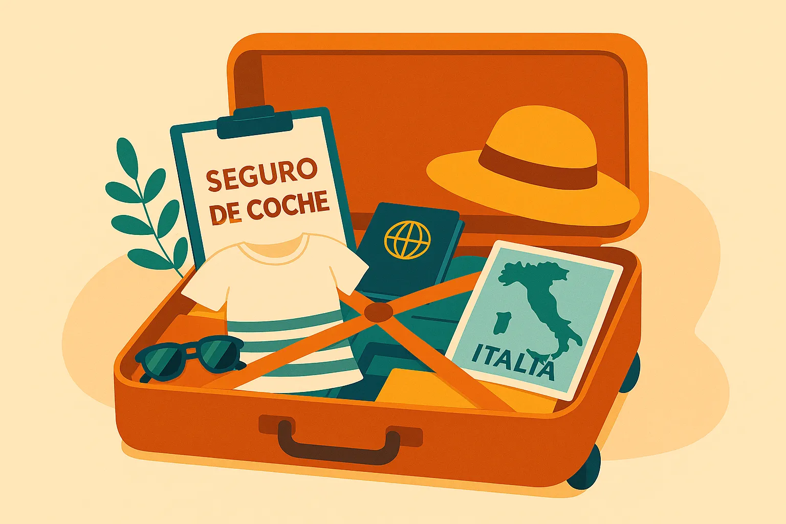 Maleta de viaje abierta que contiene un portapapeles con el texto ‘SEGURO DE COCHE’, un pasaporte, ropa, gafas de sol y un folleto con el mapa de Italia.
