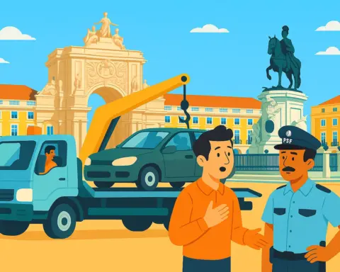 Hombre conversa con un agente policial de PSF porque una grúa de remolque se está llevando su coche en la Praça do Comércio de Lisboa.