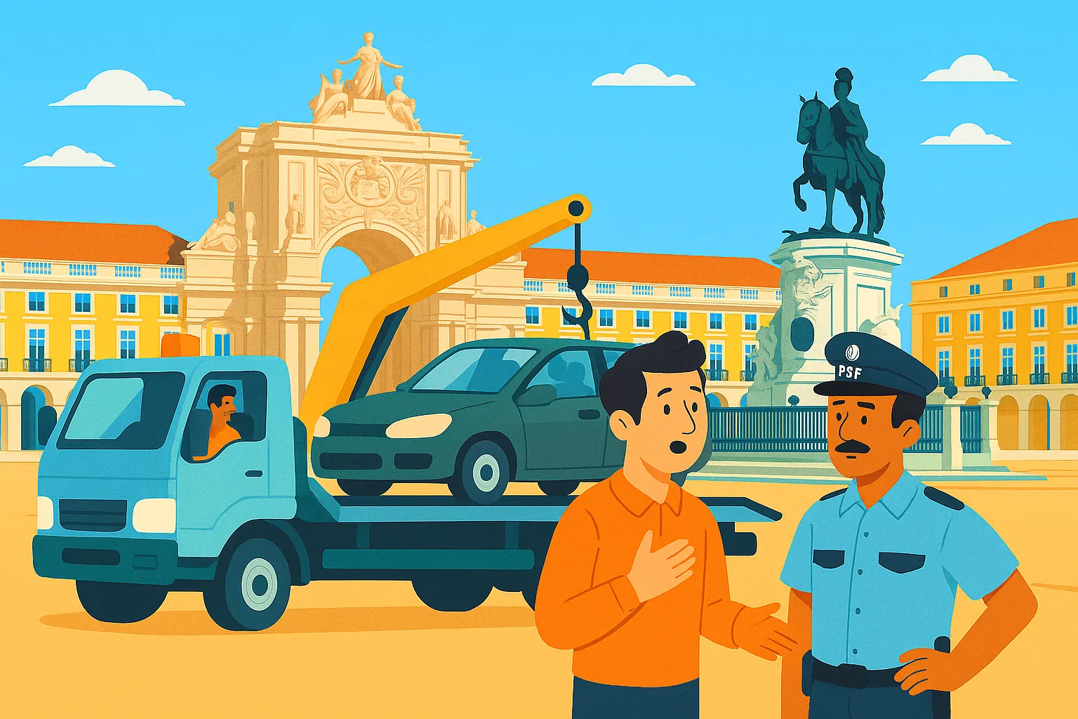 Hombre conversa con un agente policial de PSF porque una grúa de remolque se está llevando su coche en la Praça do Comércio de Lisboa.