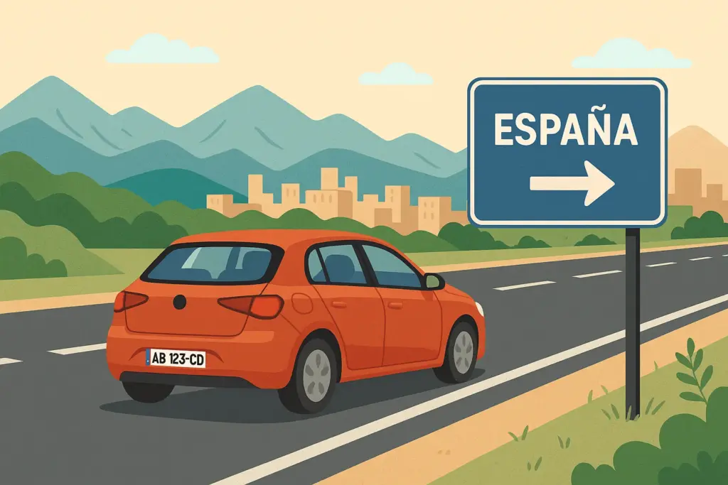 Coche con matrícula extranjera circula por una carretera rural con un cartel a la derecha que indica ‘ESPAÑA’ con una flecha apuntando a la derecha.