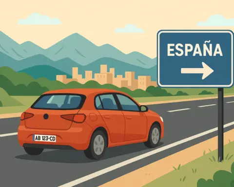 Coche con matrícula extranjera circula por una carretera rural con un cartel a la derecha que indica ‘ESPAÑA’ con una flecha apuntando a la derecha.