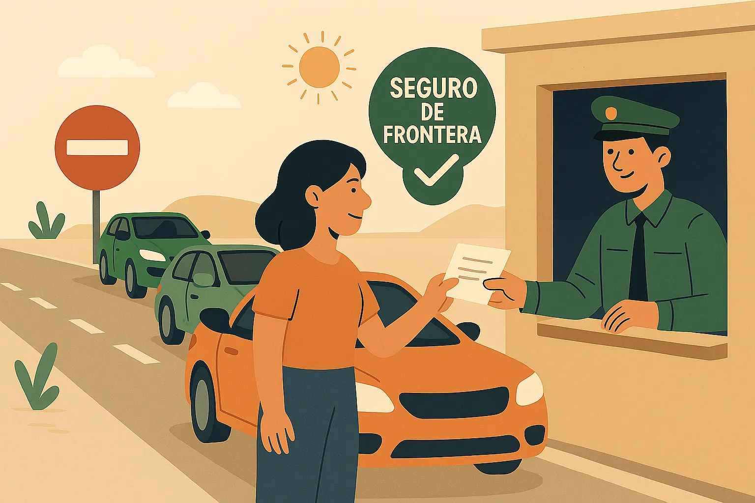 Mujer entrega documentos en un puesto de control de frontera a un agente.