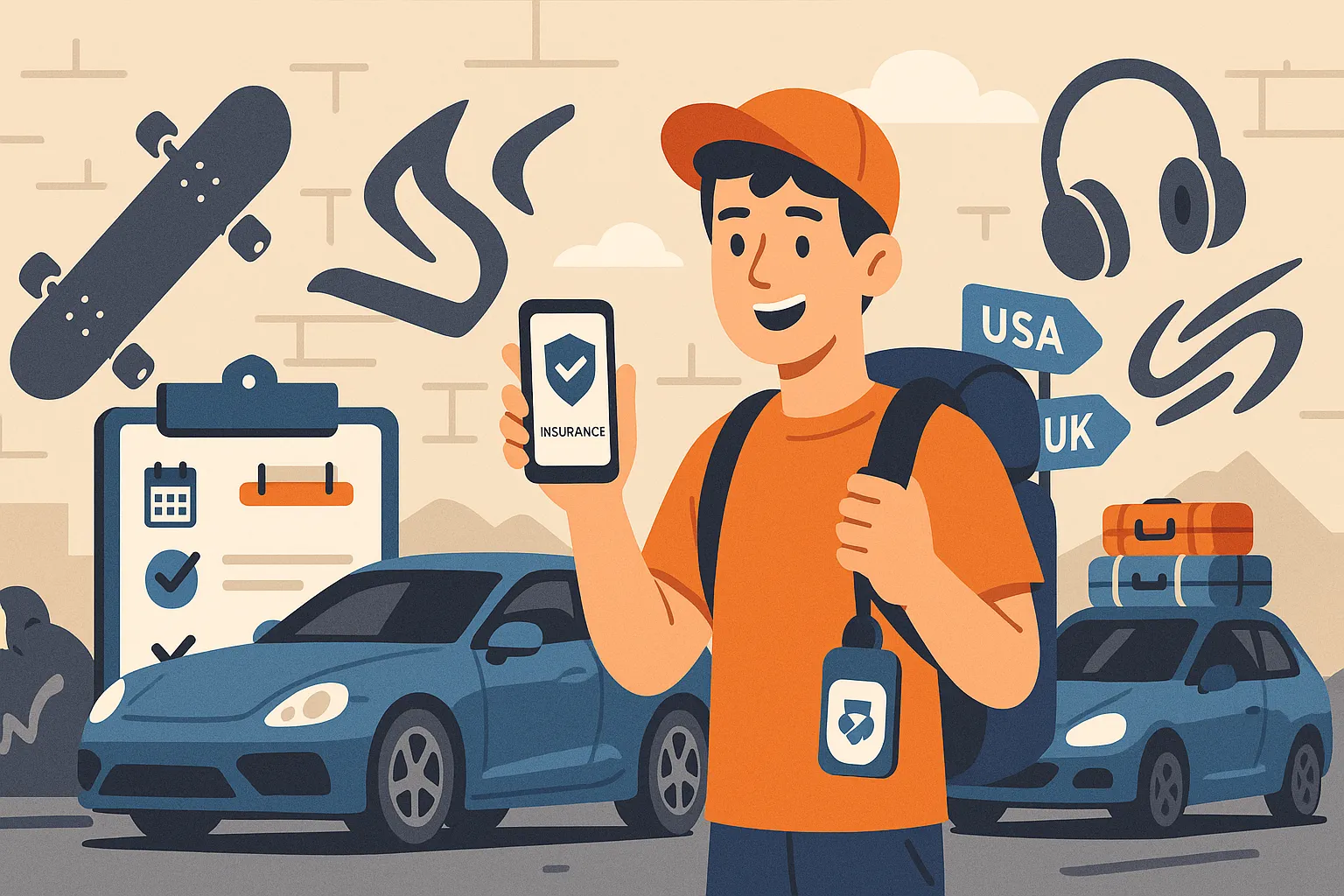 Seguro de coche digital para jóvenes viajeros en USA y UK con cobertura flexible y móvil.