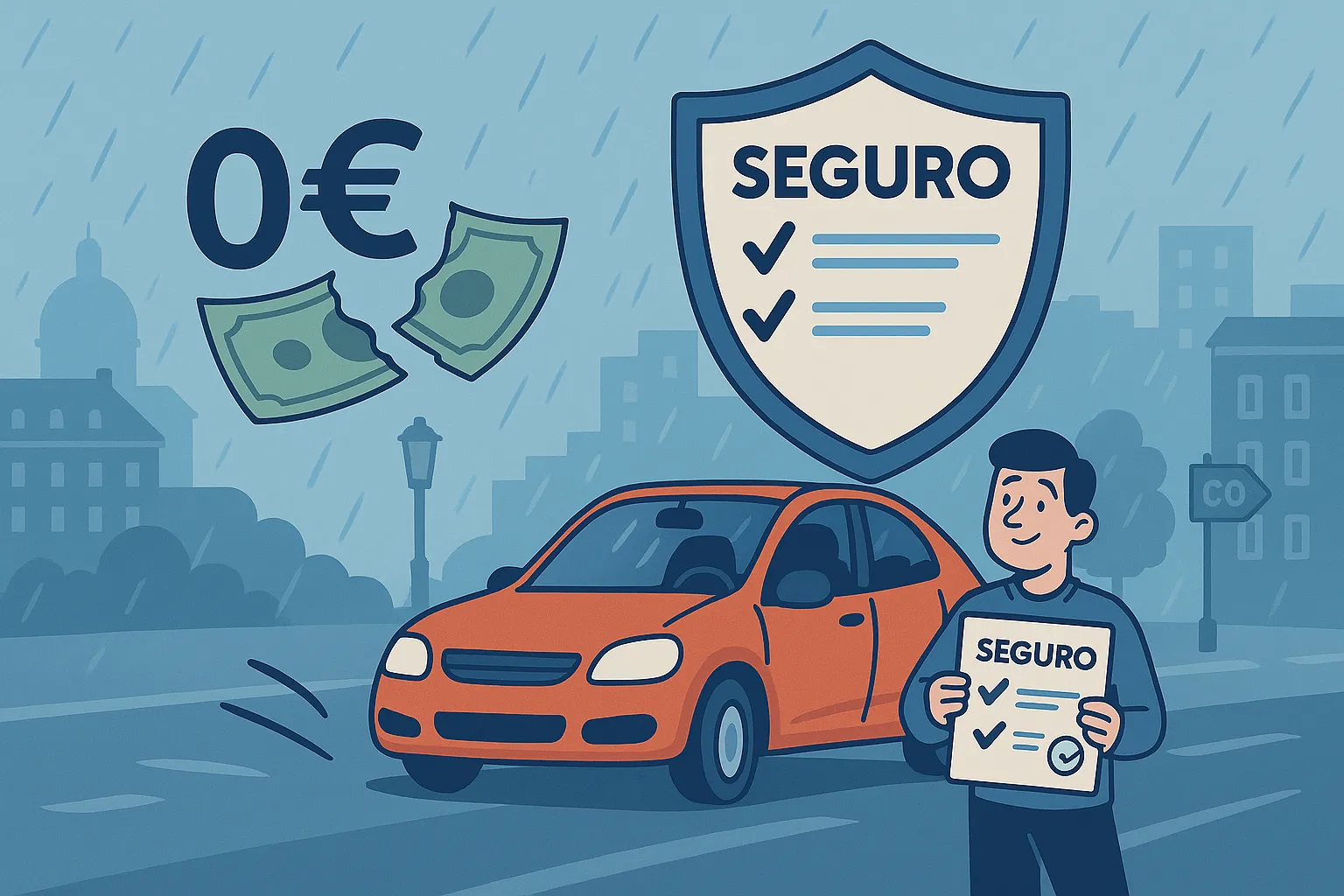 Seguro de coche gratis bajo la lluvia con protección total y cero coste en franquicia.