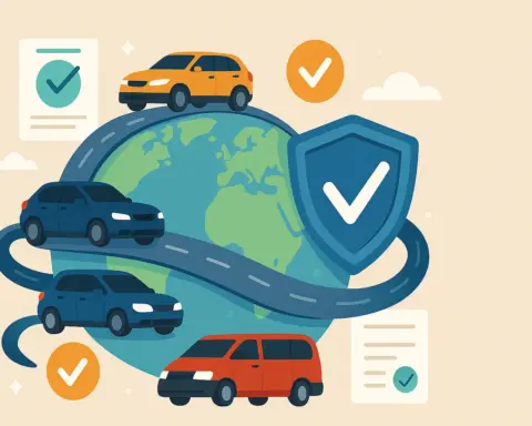 Seguro de coche internacional con autos circulando el mundo y símbolos de protección y check.