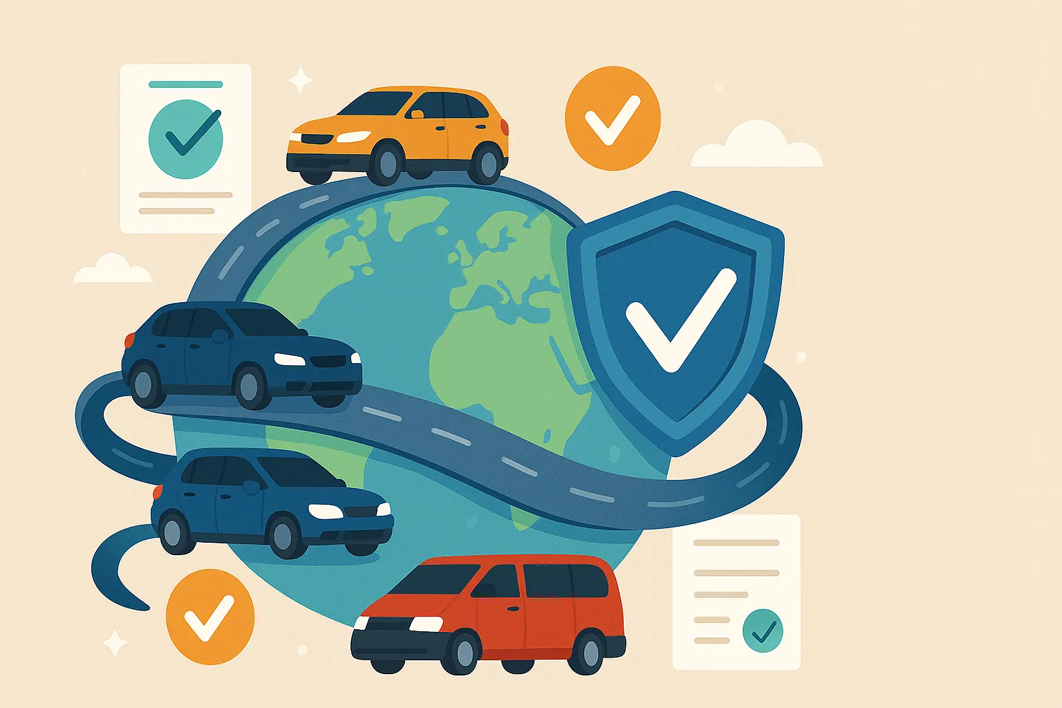 Seguro de coche internacional con autos circulando el mundo y símbolos de protección y check.