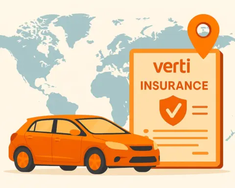 Seguro de coche internacional con documento Verti y coche naranja sobre mapa mundial