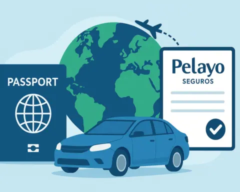 Seguro de coche Pelayo internacional ilustrado con pasaporte, coche y documento de póliza
