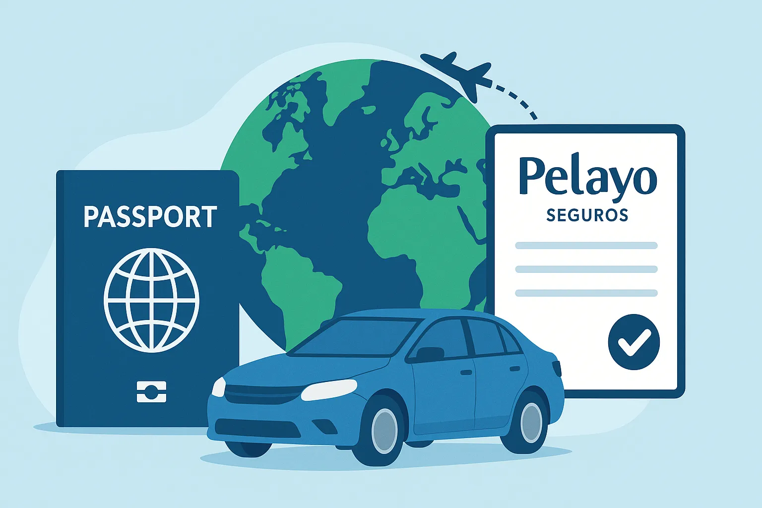Seguro de coche Pelayo internacional ilustrado con pasaporte, coche y documento de póliza