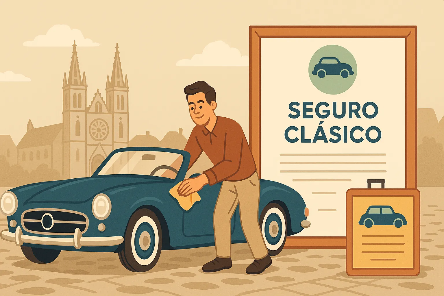 Seguro para coche clásico con protección especializada y conductor cuidando vehículo vintage