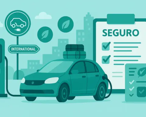 Seguro para coche eléctrico internacional con puntos de carga y cobertura ecológica.