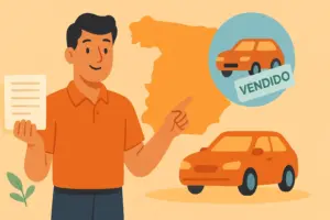 Hombre sonriente sostiene unos papeles y señala el contorno de España con la imagen de un coche que acaba de vender a un extranjero.