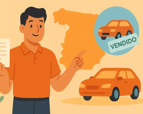 Hombre sonriente sostiene unos papeles y señala el contorno de España con la imagen de un coche que acaba de vender a un extranjero.