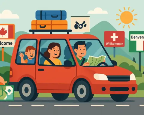 Viaje familiar en coche por Europa con equipaje, mapas y señales de bienvenida internacionales.