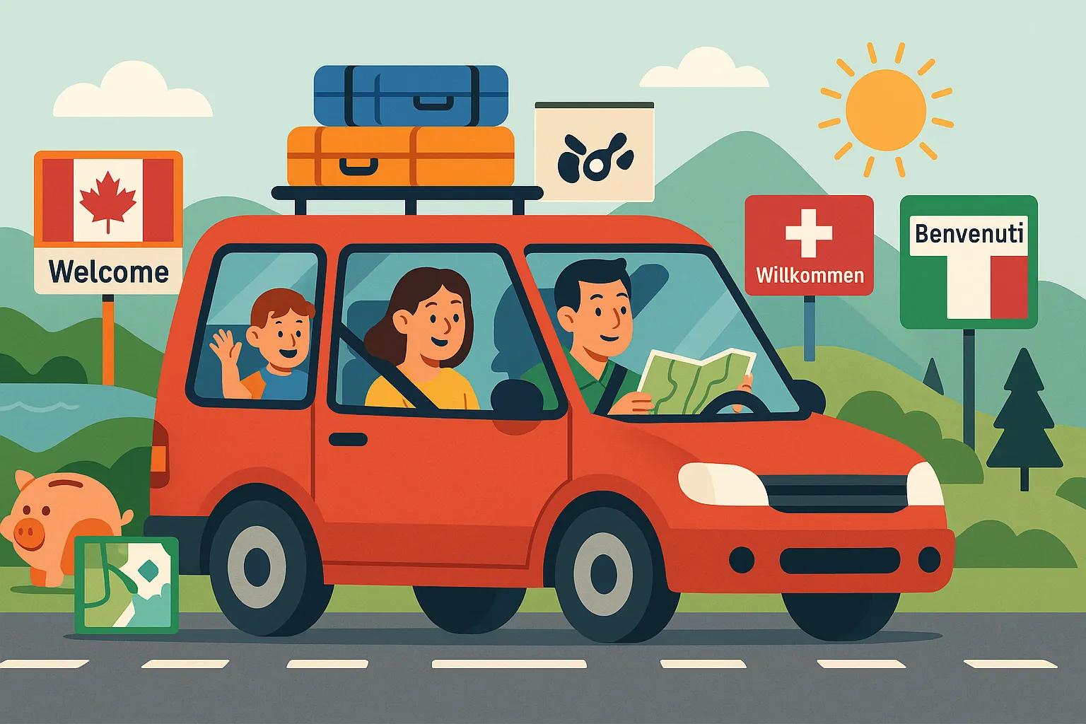 Viaje familiar en coche por Europa con equipaje, mapas y señales de bienvenida internacionales.